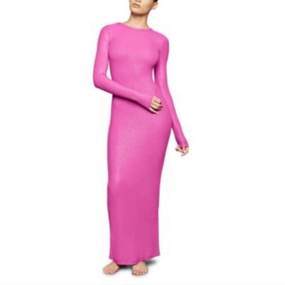 SKIMS Soft Lounge Long Sleeve Ribbed Maxi Dress Fuchsia Shimmer Foil Size XL